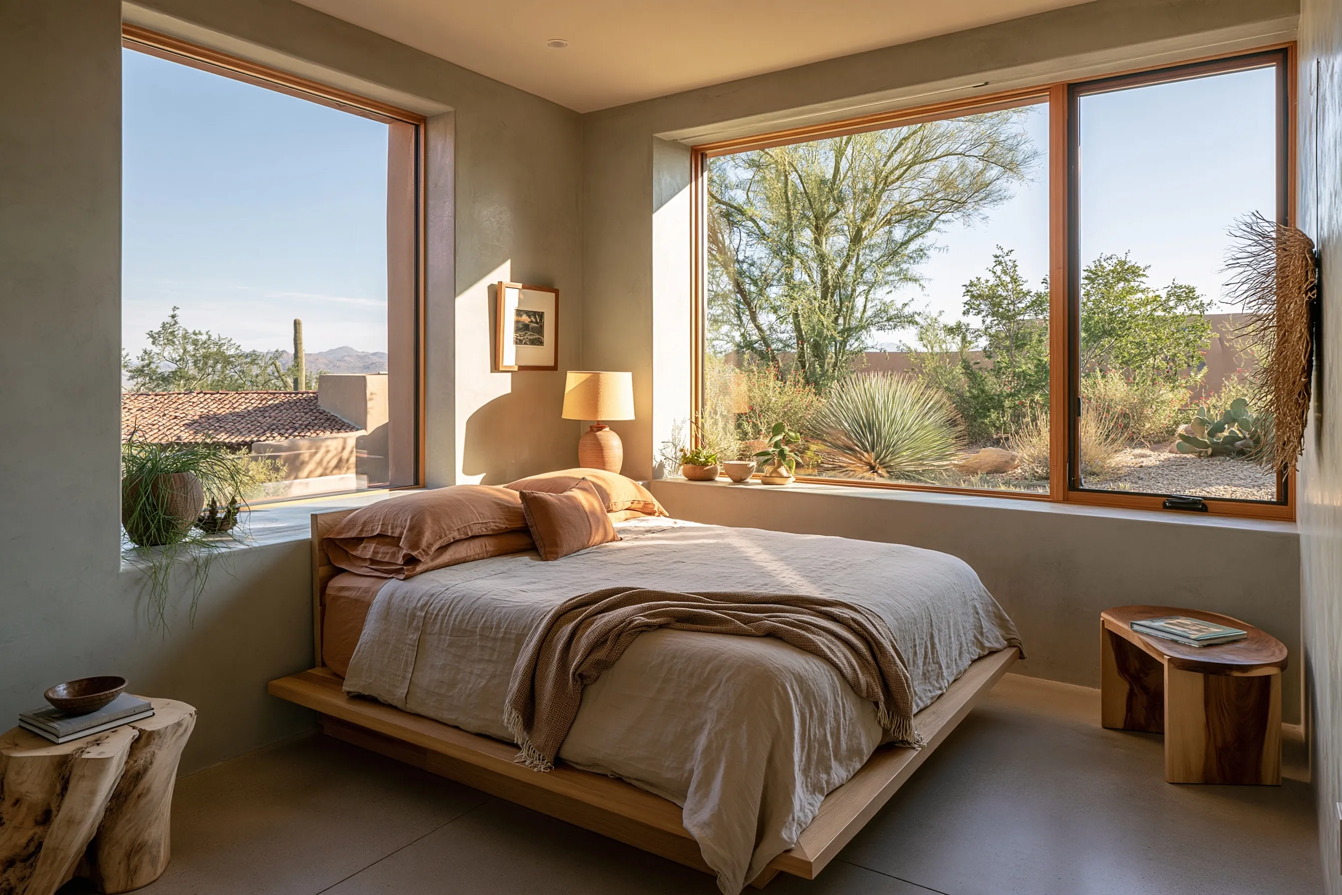 Bedroom with a matte honed concrete floor, linen bedding and a window onto desert landscaping and a clay tile roof