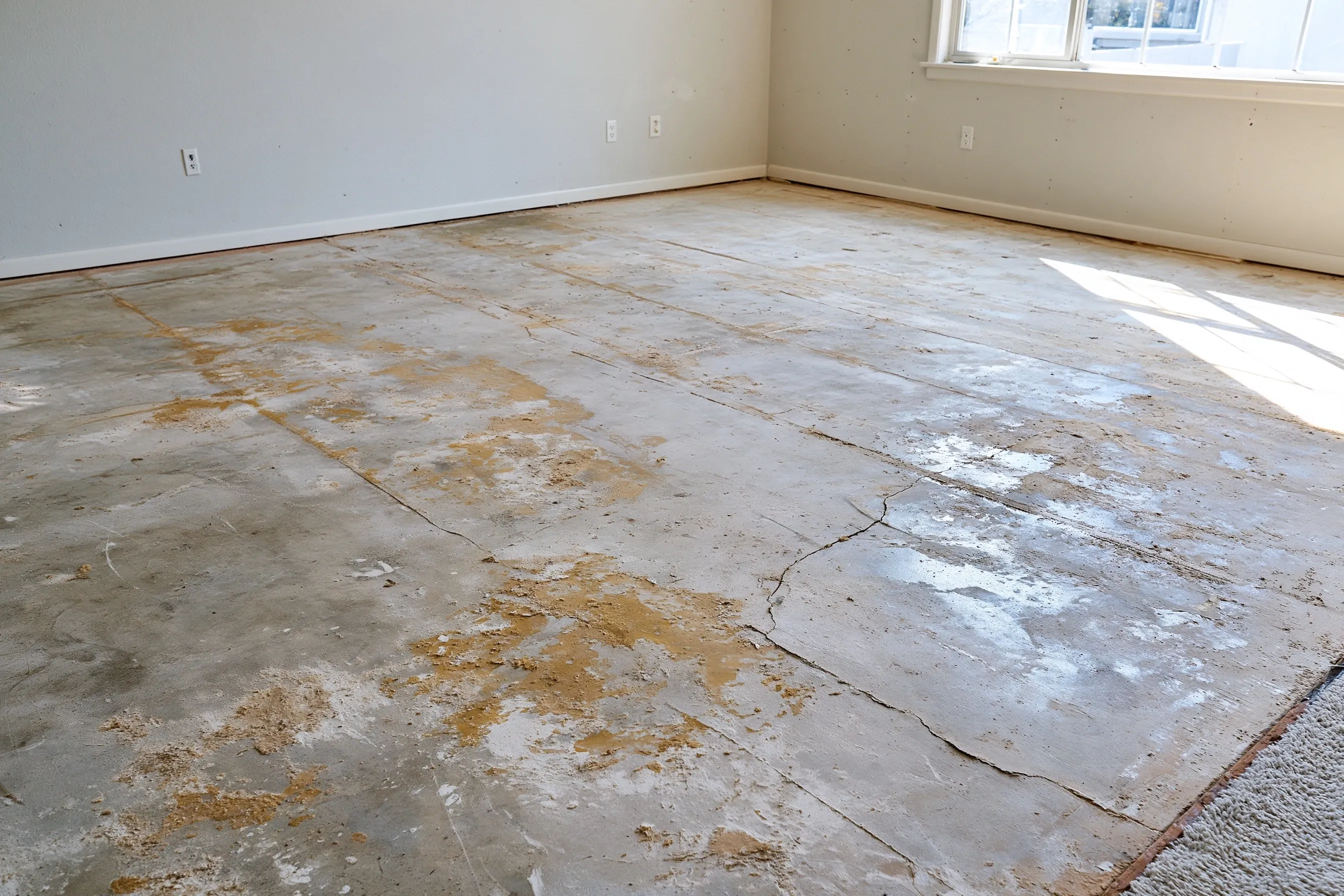 Concrete slab in an empty room after carpet removal, with patches of old yellow adhesive and a few cracks visible and daylight from one window