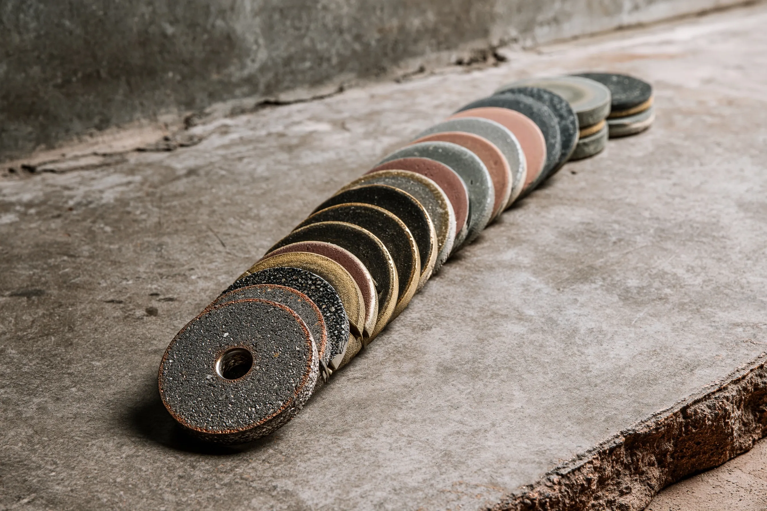 Row of grinding and polishing discs laid out from coarse to fine on a rough concrete slab beside a wall