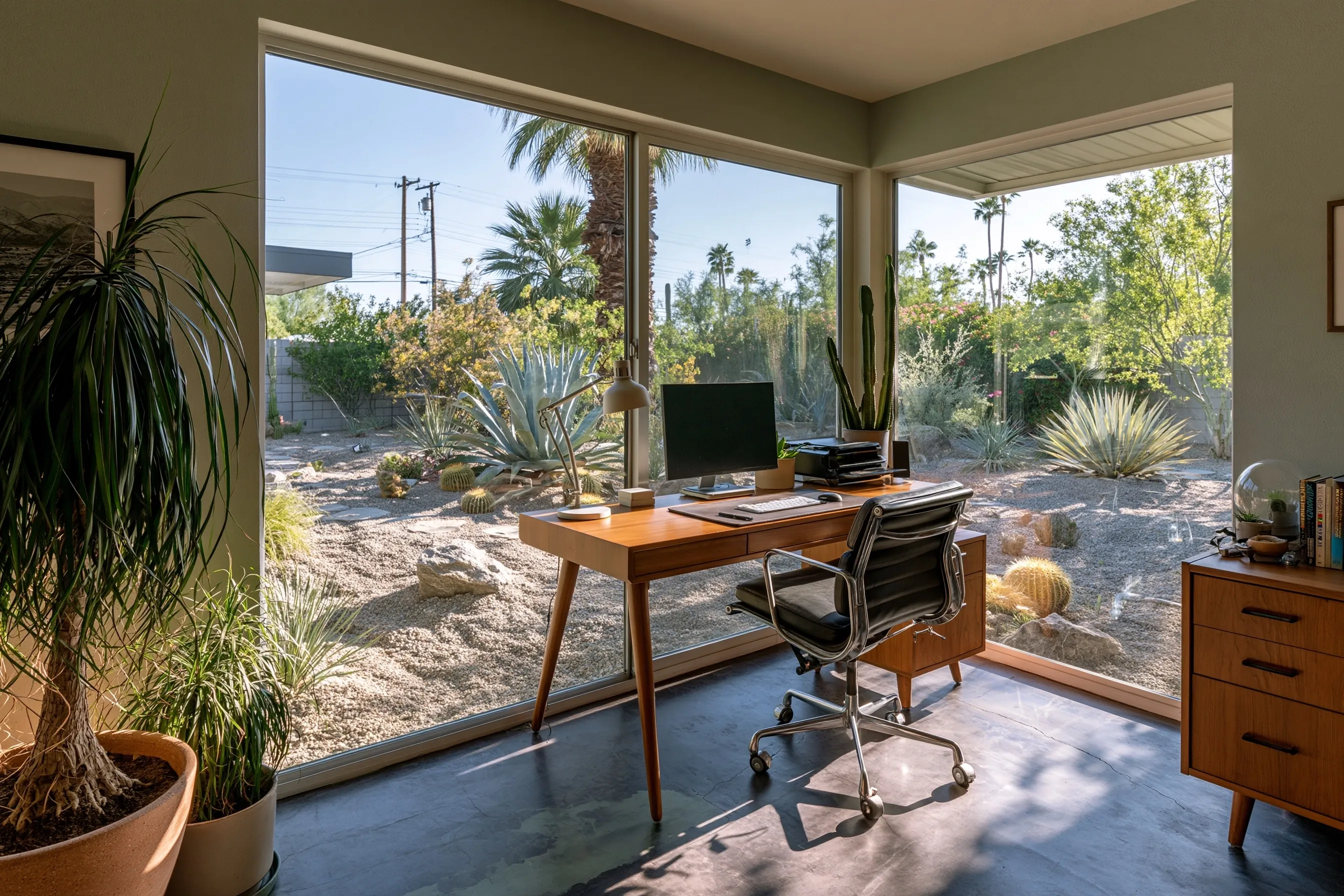 Home office with a dark charcoal dyed concrete floor, a mid-century desk and a picture window onto a gravel yard with palms