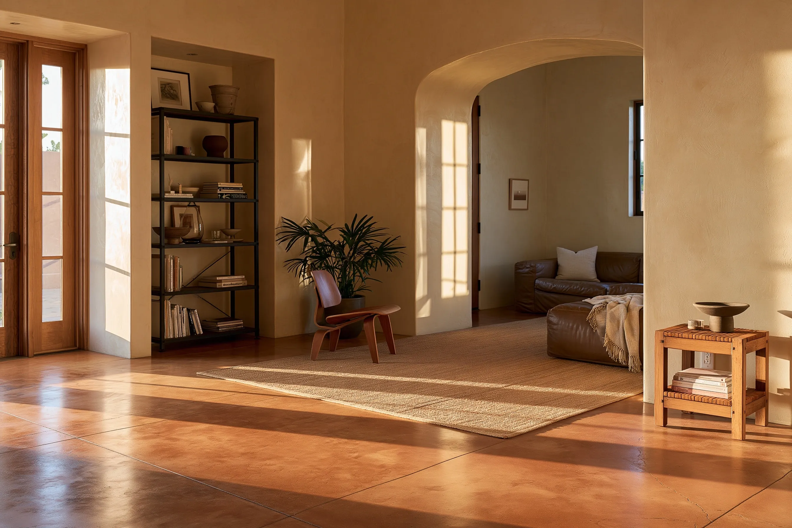 Living room with a warm terracotta-dyed polished concrete floor in mottled color, cream stucco walls and a woven rug