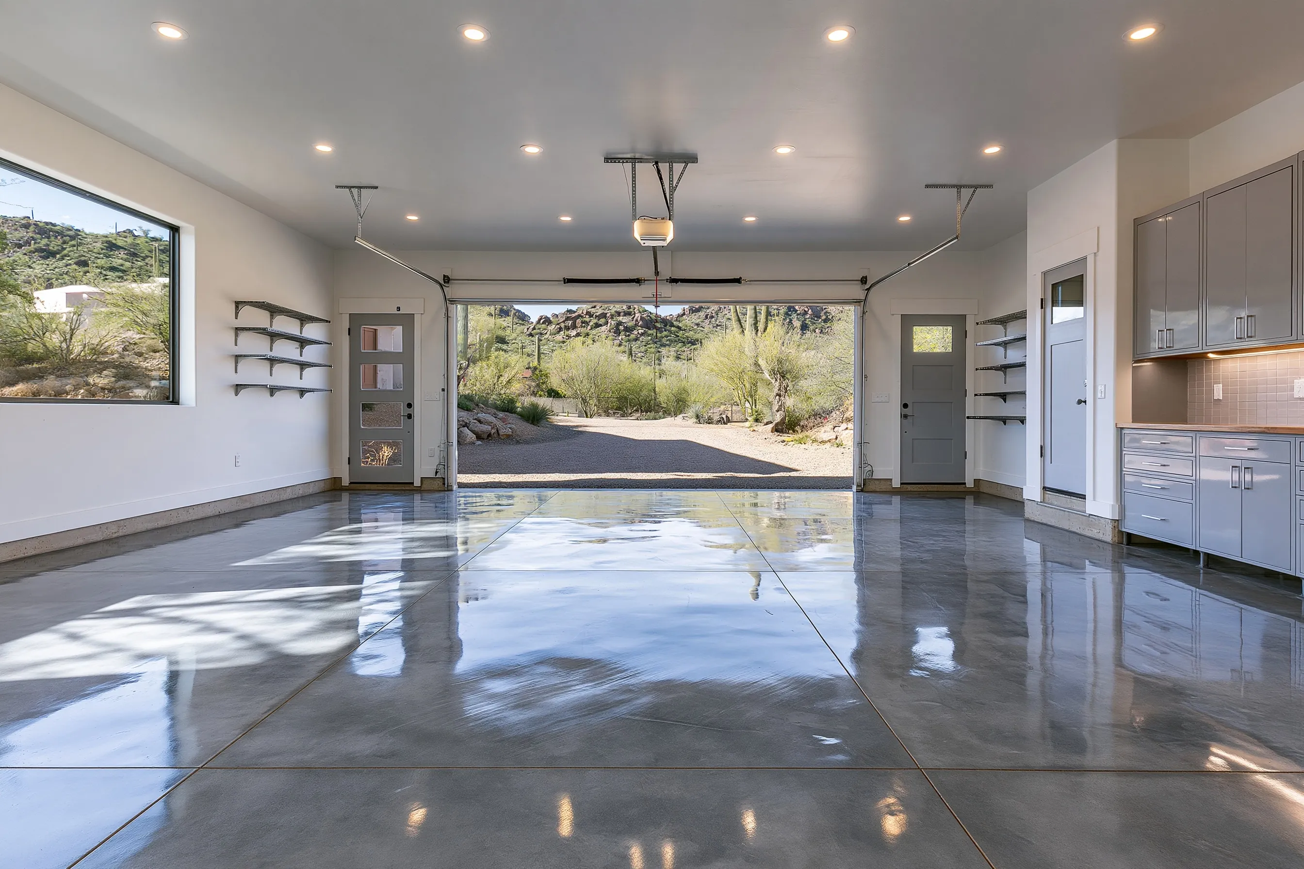 Wide three-car garage with a charcoal dyed and polished concrete floor, wall storage and a desert gravel driveway outside