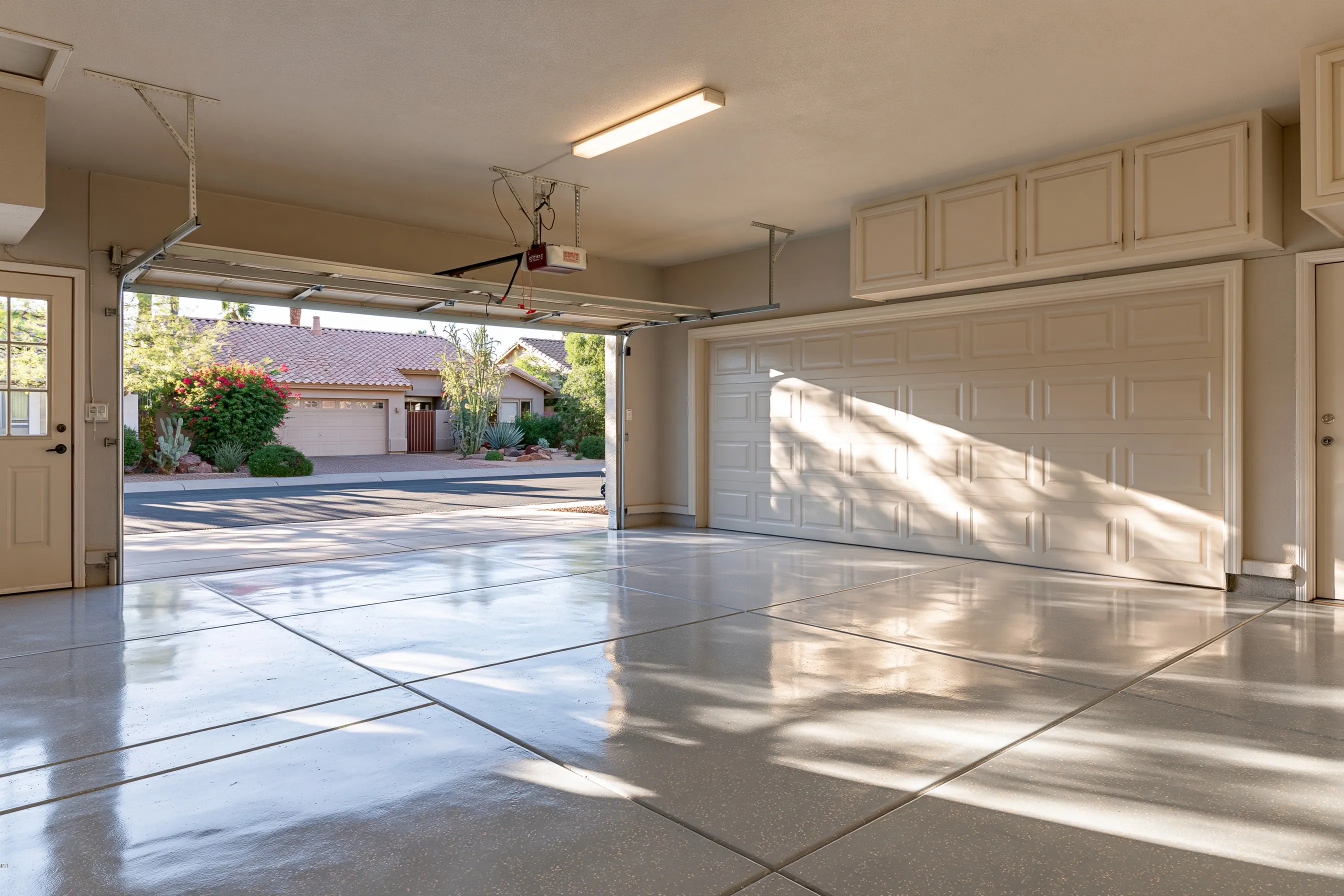Two-car garage with a satin polished grey concrete floor, an open stucco garage door with a tile roof above and an empty bay