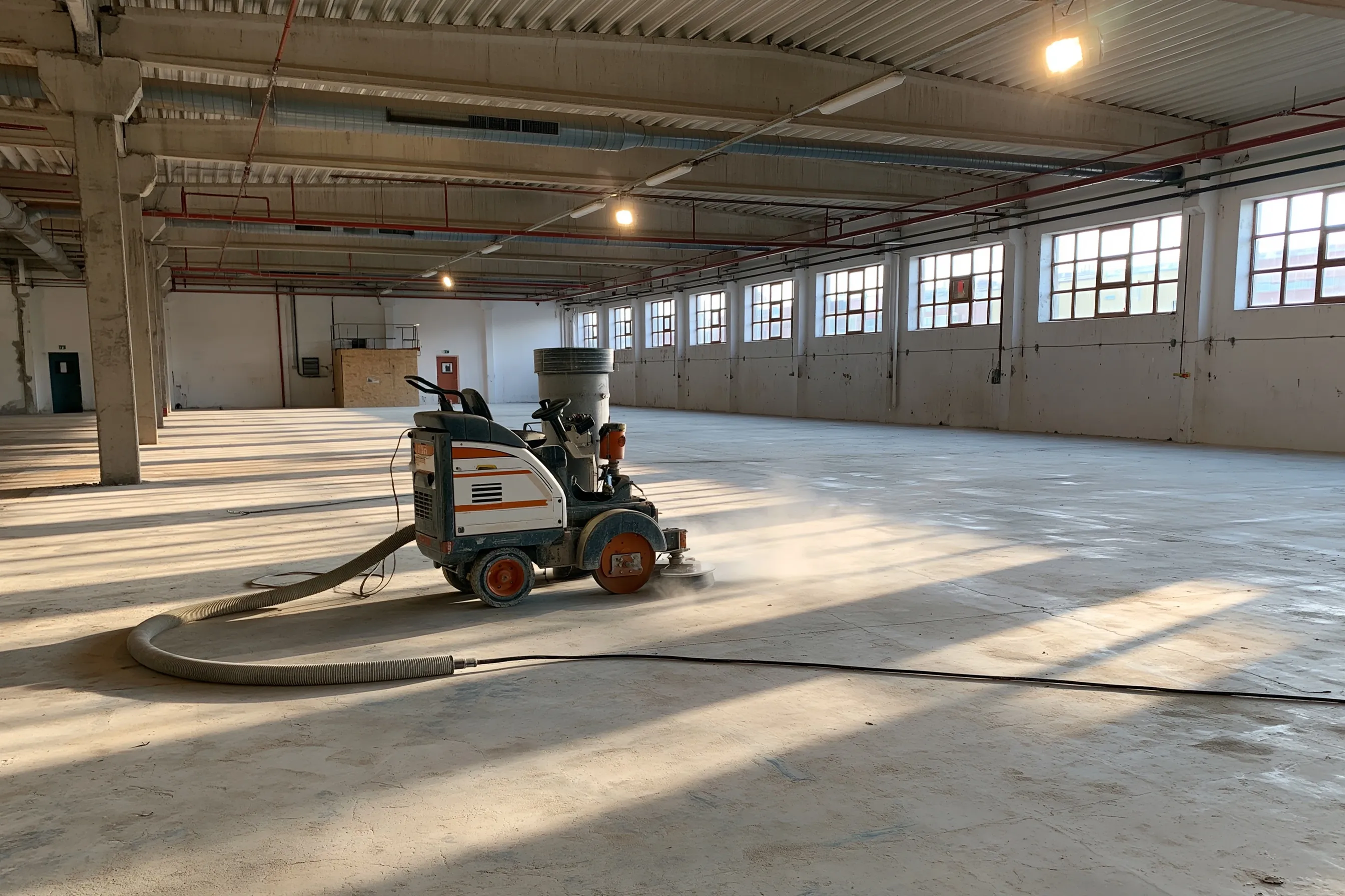 Walk-behind concrete grinder with a dust hose on a bare gray slab in an empty industrial building with tall windows