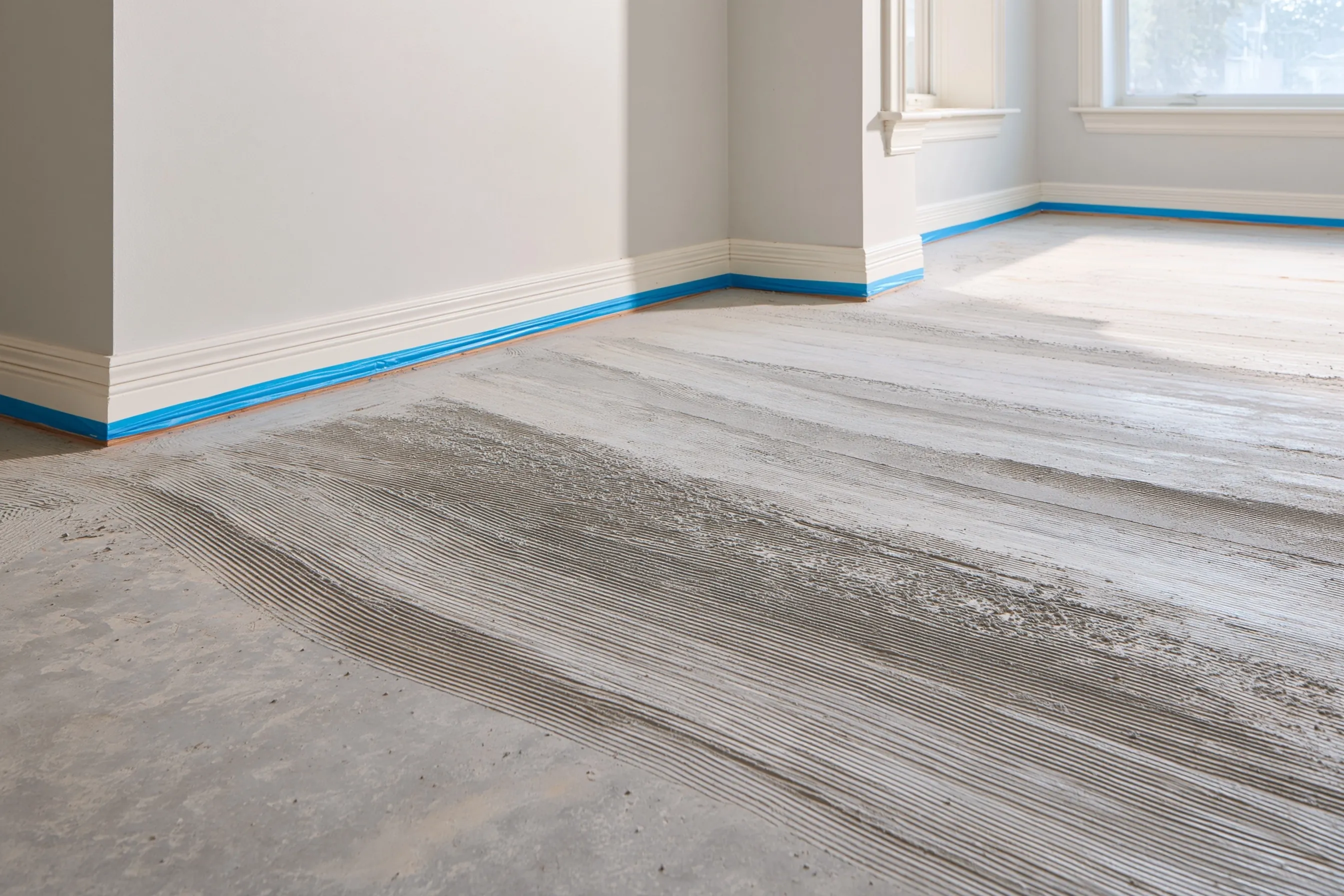 Concrete floor after ceramic tile removal, with leftover thinset ridges and a masking-taped wall edge, ready for grinding